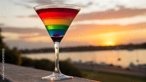 Rainbow layered cocktail at sunset by the water