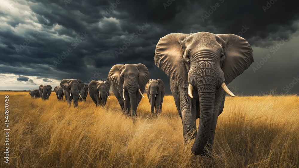 Obraz premium Elephants move steadily across golden grasslands as dark clouds loom overhead.