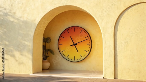 Large sunset clock in yellow archway niche