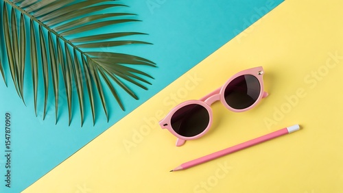Summer vacation flatlay pink sunglasses palm leaf pastel background