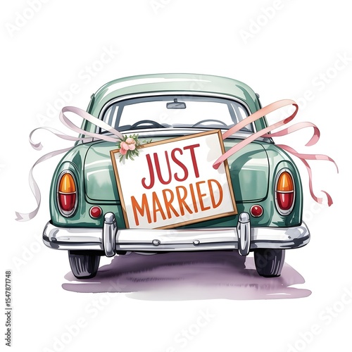 Just Married Car Illustration – Romantic Wedding Vehicle Decor Design