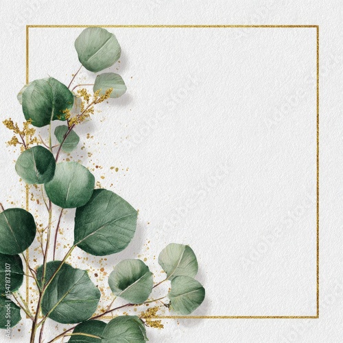 Blank frame, delicate eucalyptus leaves, gold accents, textured background