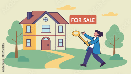 Business success, and sales opportunity, Real estate agent holding key to property with for sale sign, buyer investment,
