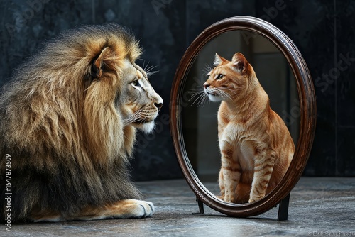 A powerful lion mirrors the essence of a humble cat.