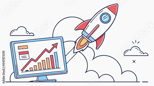 Growth and innovation in technology, Rocket launching, Upward graph, creative startup dynamic achievement, or successful developments