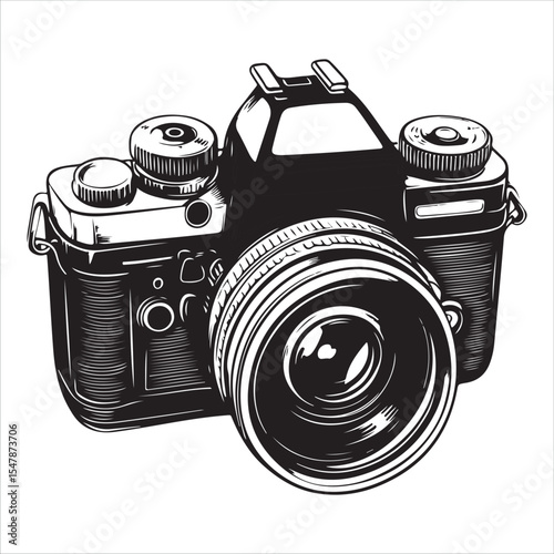 Camera silhouette vector art illustration, DSLR camera black silhouette vector, Simple silhouette Design vector icon with white background, A sleek, black silhouette of a DSLR/SLR camera