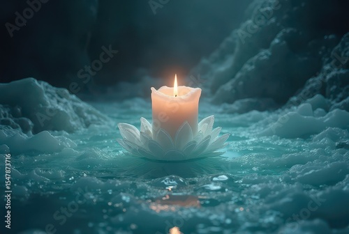 A single flame shines within a lotus-shaped vessel amidst snow and frozen water. Gentle reflections and cool hues highlight inner peace, horizontal composition