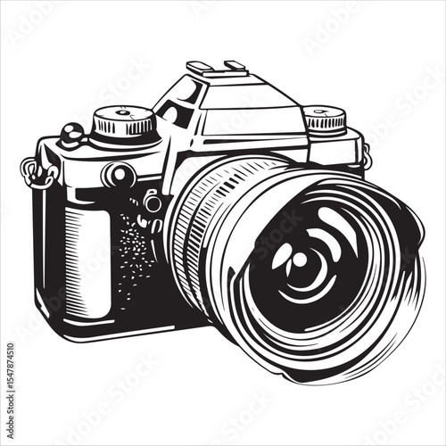 Camera silhouette vector art illustration, DSLR camera black silhouette vector, Simple silhouette Design vector icon with white background, A sleek, black silhouette of a DSLR/SLR camera