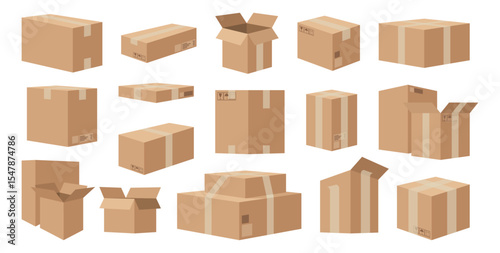 Open and close boxes with fragile and umbrella symbols. Vector isolated set of realistic cardboard packages with duct tape. Side view on empty parcels for delivery and transportation
