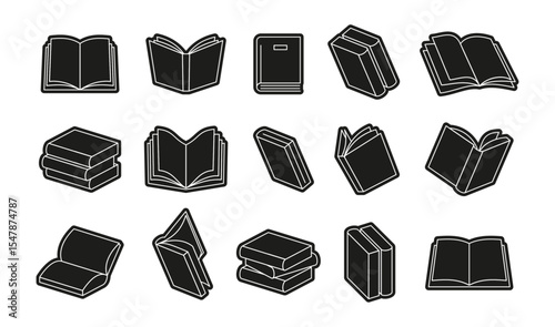 Books icons set, isolated monochrome textbooks. Vector open and closed publication and encyclopedias. Studying and education process. Volume with recipes for cooking or journal, personal diary