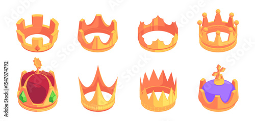 King or queen, prince or princess crowns and diadems made of gold and precious stones and gems. Vector isolated set of medieval jewelry, symbol of monarchy and power, authority and nobility