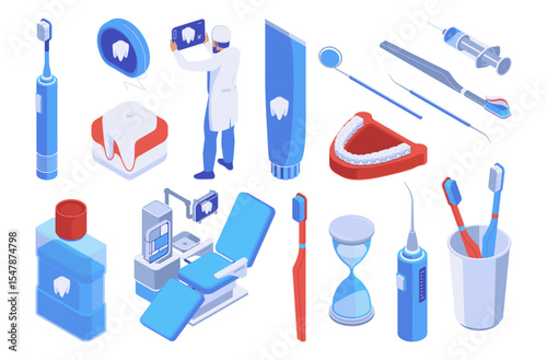 Dental care, maintaining oral hygiene and health. Vector isolated toothbrush set and hourglass, jaw and molar models, medical instruments and mouthwash, doctor with tooth x ray and odontological chair