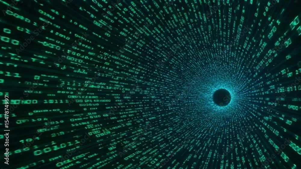 Digital Data Stream: A mesmerizing visual of binary code streaming through a tunnel, symbolizing the flow of information in the digital age. Captivating the essence of data processing, networks.