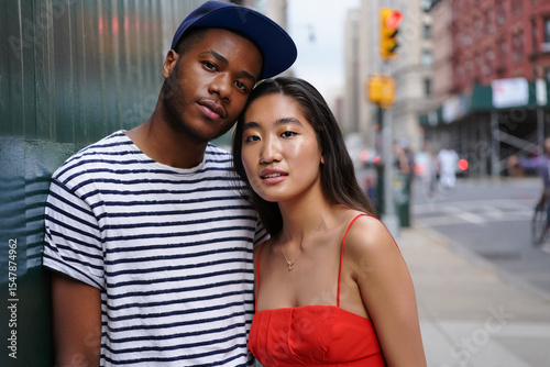 Portrait of Trendy Black Man and Asian Woman Couple on Urban Street