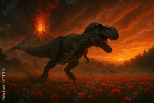 A large Tyrannosaurus Rex walks through a field of red flowers during sunset. In the background, an active volcano erupts, with other dinosaurs visible in the distance