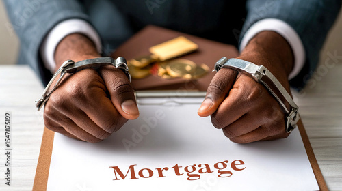 Hands of man in handcuffs lying on mortgage agreement. Loan debts, bondage, payment difficulties concept