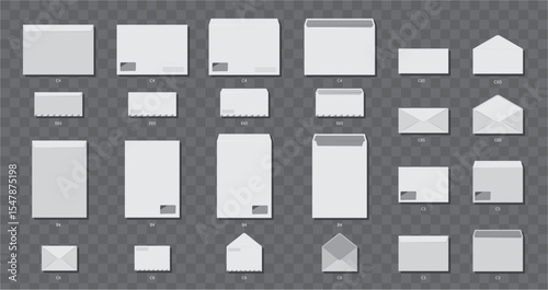 Closed and open envelopes set in multiple formats. Vector letter packets collection, front and back view. Branding and personal messages, business communication or wedding stationery mockups