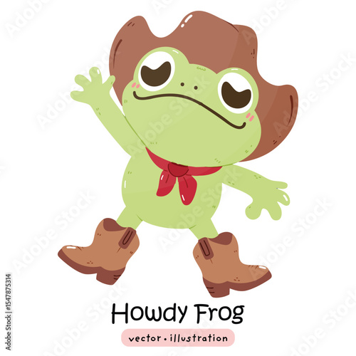 Cute cowboy frog howdy kawaii frog with cowboy hat and boots cartoon vector illustration