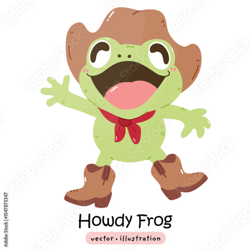 Cute cowboy frog howdy kawaii frog with cowboy hat and boots cartoon vector illustration