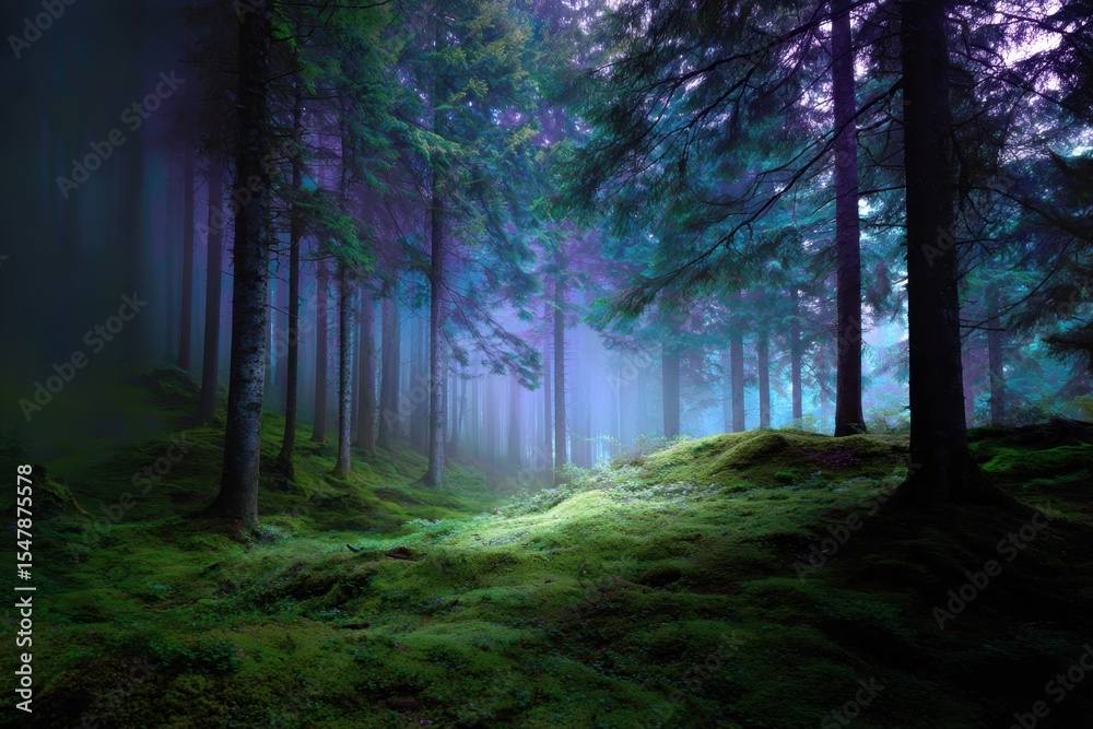 Fototapeta premium Ancient forest with moss-covered trees, mystical lighting and fog