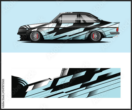 Stylized Car Illustration with Geometric Racing Livery and Corresponding Vinyl Wrap Design
