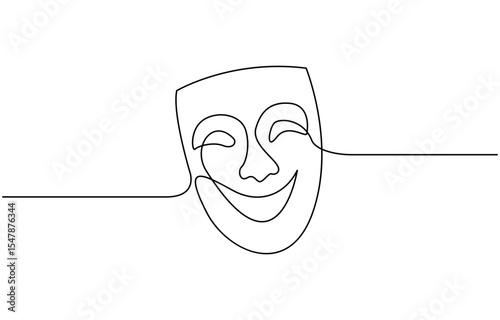 Greek mask one line drawing, opera event symbols continuous hand drawn, mask one line vector isolated design element, opera event symbols continuous hand drawn.