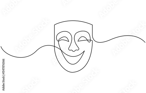 Greek mask one line drawing, opera event symbols continuous hand drawn, mask one line vector isolated design element, opera event symbols continuous hand drawn.