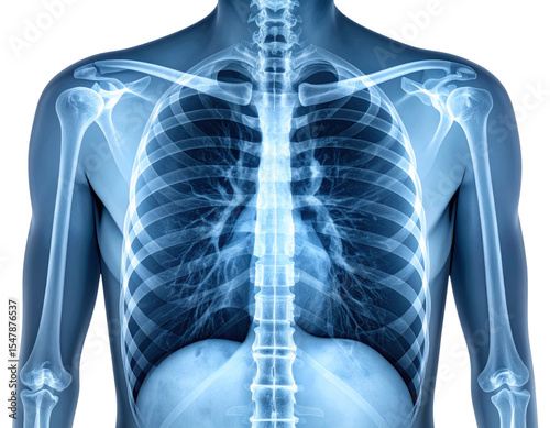Anatomical X-Ray View of Thorax Bones and Organs, Isolated on Transparent PNG