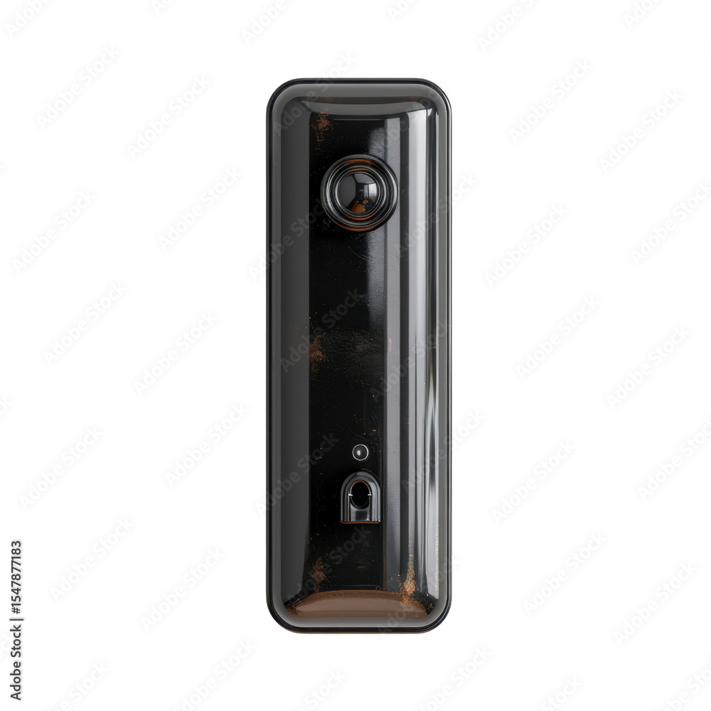 Obraz premium Sleek, modern camera design with glossy black finish, featuring lens and small lock icon, perfect for capturing moments