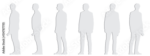 Vector concept conceptual gray paper cut silhouette of a men standing holding a paper in hand from different perspectives isolated on white. A metaphor for business, leisure, social life and  lifestyl
