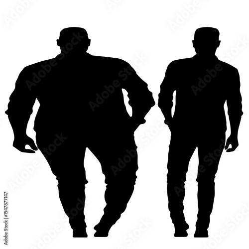 Conceptual fat overweight obese man vs slim fit healthy body after weight loss or diet, white background. A  fitness, nutrition or obesity, health care shape illustration vector as silhouettes