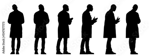 Vector concept or conceptual black silhouette of a male doctor wearing a medical scrub from different perspectives isolated on white. A metaphor for health care, medicine, diagnosis and treatment