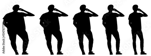 Conceptual fat overweight obese man vs slim fit healthy body after weight loss or diet, white background banner. A  fitness, nutrition or obesity, health care shape illustration vector as silhouettes