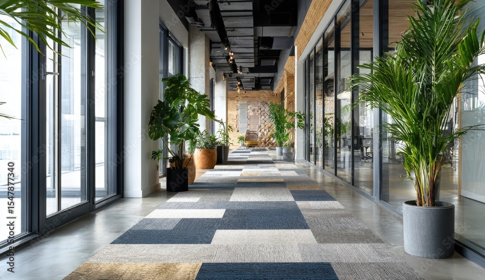 Obraz premium Modern, spacious office hallway with plants