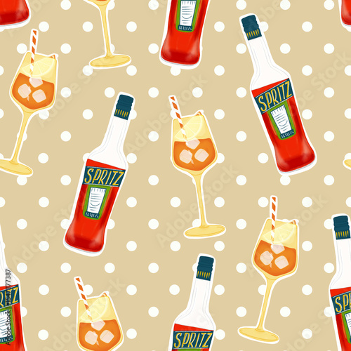 Seamless pattern with aperitivo bottles and  glasses. Summer background. Perfect for barware, party decor, textiles, packaging, wrapping, and stationery. 