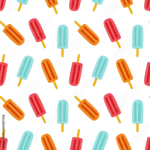 Seamless pattern with red, orange and blue popsicles. Playful summer background. Perfect for fabric, wallpaper, wrapping paper, stationery, packaging, fabric designs.