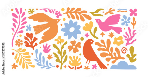 Vector illustration in simple hand drawn and linocut style - natural print, poster or logo design template - spring illustration - birds and flowers