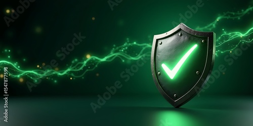 3D Render of a Futuristic Shield with Glowing Green Checkmark Symbol on Dark Background