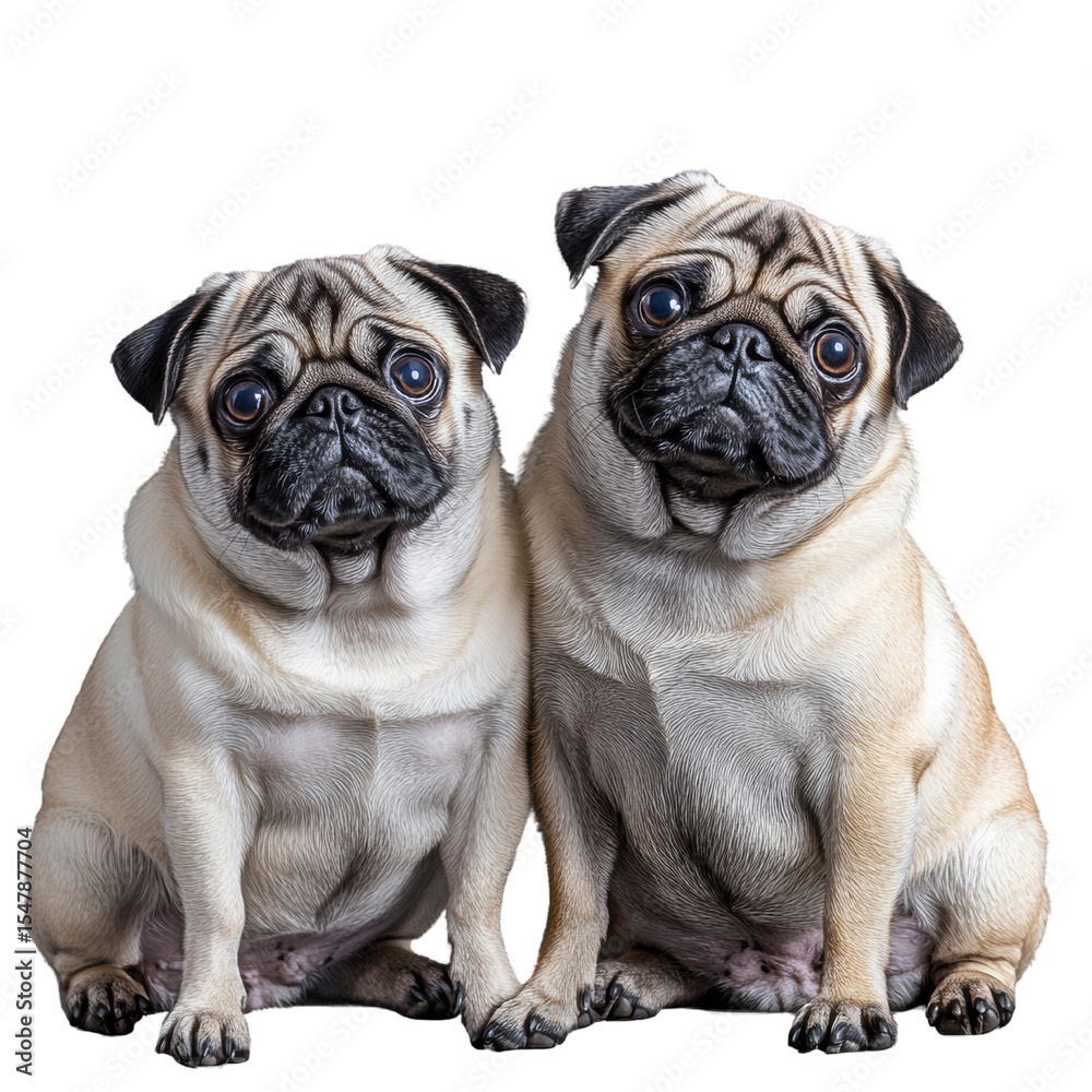 Obraz premium Two adorable pugs sitting side by side, showcasing their wrinkled faces and expressive eyes. Their light fawn coats contrast with their dark muzzles, creating charming and playful appearance