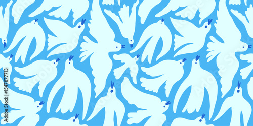 Vector modern art print elements in simple wavy and groovy naive style, seamless pattern with birds flying in the sky