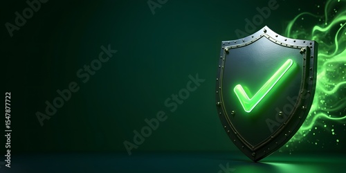 3D Render of a Futuristic Shield with Glowing Green Checkmark Symbol on Dark Background
