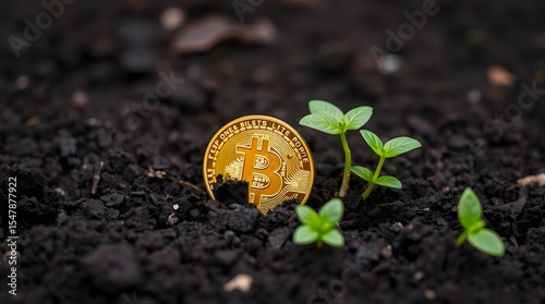 Bitcoin Growing from Soil like a Plant. A golden Bitcoin partially sprouting from rich dark soil with small green leaves emerging around it.