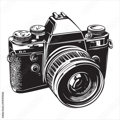 Camera silhouette vector art illustration, DSLR camera black silhouette vector, Simple silhouette Design vector icon with white background, A sleek, black silhouette of a DSLR/SLR camera