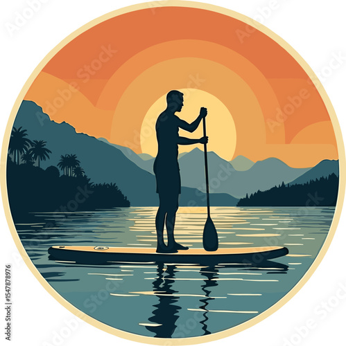 Silhouette of man doing stand up paddleboarding on calm lake during sunset with mountain background