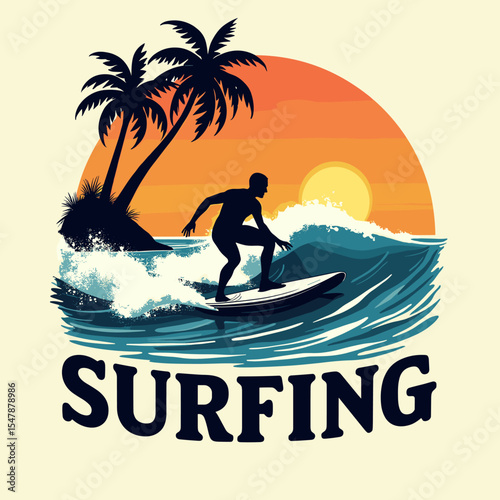 Surfer silhouette on large ocean wave with palm trees and vibrant sunset in retro beach vector style
