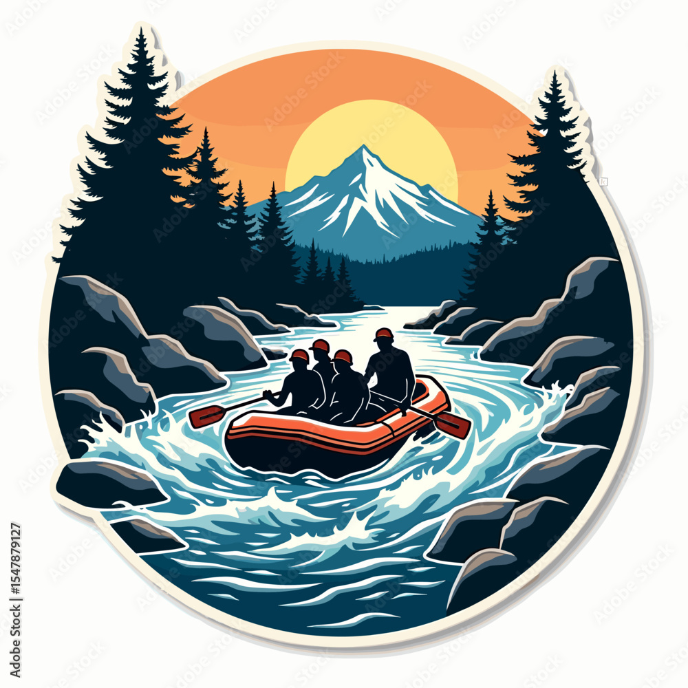 Obraz premium Group of four people rafting on whitewater river with bright sunset and pine trees, in dynamic circular sticker design.