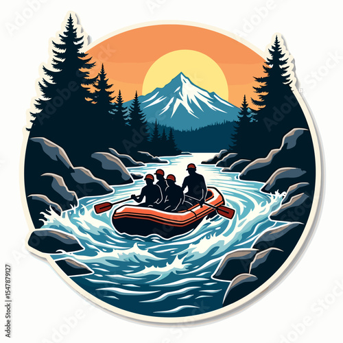 Group of four people rafting on whitewater river with bright sunset and pine trees, in dynamic circular sticker design.