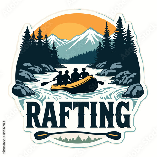 Rafting badge with group paddling through rocky river surrounded by pine trees and snowy mountain at sunset, in a sticker style.