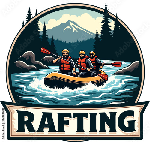 Rafting badge with three men paddling on turbulent river surrounded by pine forest and mountains, in vintage round emblem style.