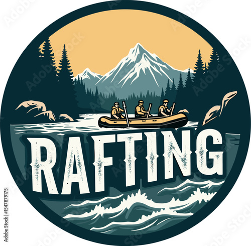 Vector rafting badge with four people paddling on river surrounded by rocks and forest, with bold text and dynamic water lines.